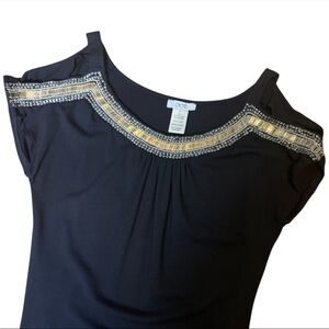 Cache women’s Y2K Gold Silver Embellished open shoulder trim black shirt size XS
